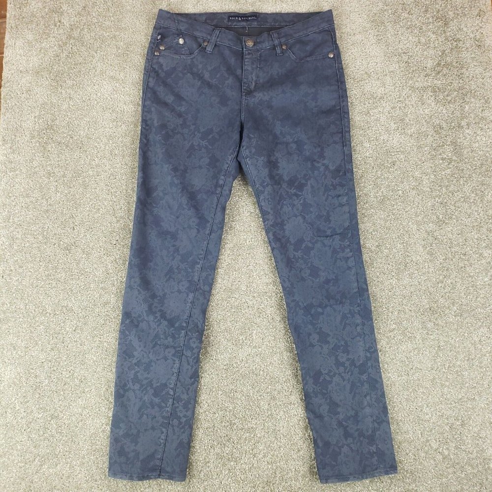 Rock & Republic Jeans Sz 12 (33x31) Womens Blue Floral Skinny Stretch Denim